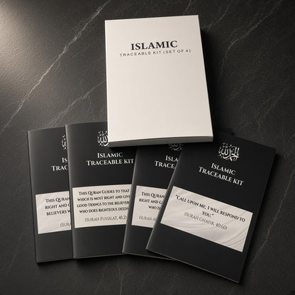 Islamic Traceable Kit set of 4 prayer cards and a white tracking sheet, arranged on a dark textured surface. The set includes black cards with white text and a white tracking sheet labeled 'ISLAMIC TRACEABLE KIT (SET OF 4)'.