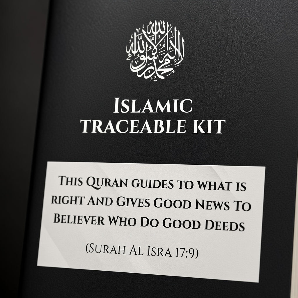 A close-up of a black book or booklet cover with white text reading 'ISLAMIC TRACEABLE KIT' and a white label below containing a Quranic verse. The cover has a subtle textured finish and a white circular Arabic calligraphy emblem near the top.