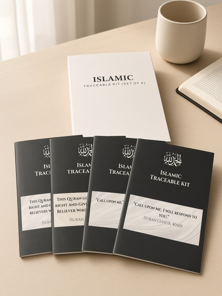A boxed Islamic traceable kit set displayed on a light wood table, with a white outer box behind four black notebooks or booklets labeled 'ISLAMIC TRACEABLE KIT.' A beige mug and an open book are partially visible in the scene.