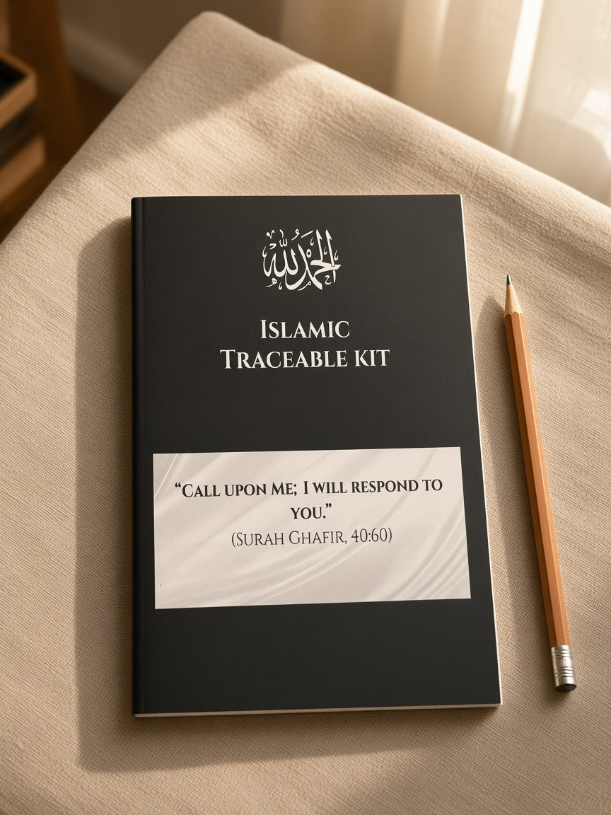 A black hardcover book titled 'Islamic Traceable Kit' with white text and an Arabic calligraphy emblem, placed on a beige fabric surface next to a wooden pencil.