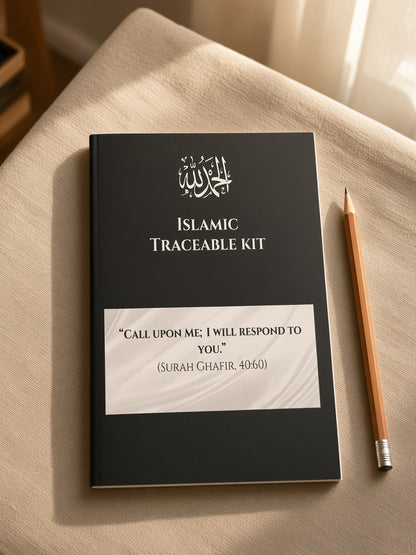 A black hardcover book titled 'Islamic Traceable Kit' with white text and an Arabic calligraphy emblem, placed on a beige fabric surface next to a wooden pencil.